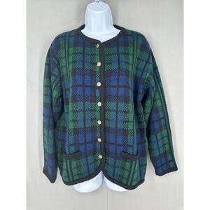 90s Vintage Cardigan Sweater Womens Large Blue Tartan Plaid Green Gold Buttons